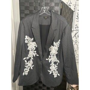 Gray Pinstripe Blazer with Floral Embroidery